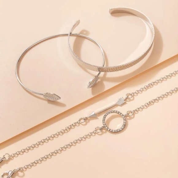 4 pcs Arrow and Circle Rhinestone Bracelet Set Silver Plated Bangle - Picture 3 of 7